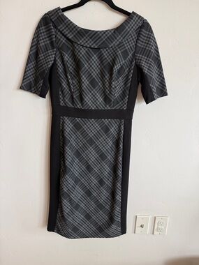 White House Black Market Gray Plaid Midi Sheath Dress with Black Panels
